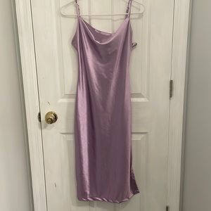 Lavender satin spaghetti strap cow neck cocktail dress